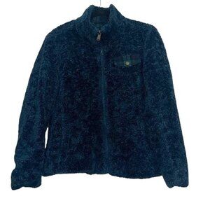Pendleton Womens Sherpa Fleece Jacket S/CH Navy Blue Plaid Accent Zip-Up Collar